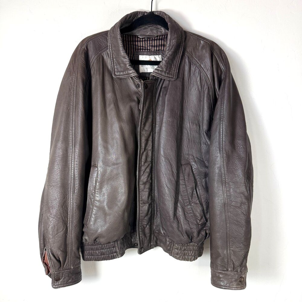 Bill Blass VTG Menswear Lambskin Leather Bomber Jacket Med Brown Quilted Pilot